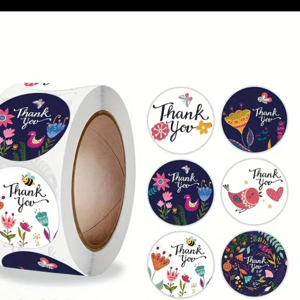 Roll of 500 Round Thank You Stickers Flowers & Birds